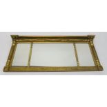 A 19TH CENTURY GILTWOOD AND GESSO OVERMANTLE MIRROR with shaped cornice above mirror plates