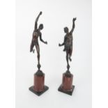 A PAIR OF FRENCH BRONZE FIGURES OF MERCURY AND FORTUNA after Giambologna, both on a rosso marble