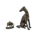ROBERT CRUTCHLEY (BORN 1943) BRONZE OF A SEATED GREYHOUND 11cms, with initials RHC, together with