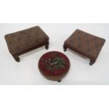 A SMALL VICTORIAN MAHOGANY FRAMED UPHOLSTERED FOOTSTOOL with turned feet, a Victorian mahogany