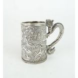 A CHINESE EXPORT SILVER TANKARD decorated with figures, buildings, trees and islands, with dragon