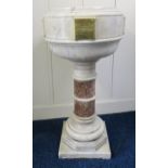 A VICTORIAN MARBLE BAPTISMAL FONT with circular marble basin on pedestal base, brass plaque engraved