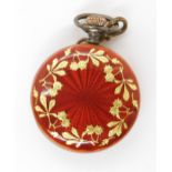 A SILVER RED GUILLOCHE ENAMEL FOB WATCH with french gold decorative motifs in the shape of horse