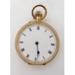 AN 18K OPEN FACE FOB WATCH with all over floral engraving to the case. classic white enamel dial