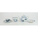 A LIVERPOOL BLUE AND WHITE TEAPOT the small globular form painted with the Two Men Bowing pattern,