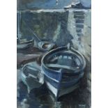 ERNEST BURNETT HOOD (1932-1988) BOATS IN A HARBOUR  Oil on canvas panel, signed lower right, 34 x