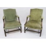 A PAIR OF GEORGIAN MAHOGANY FRAMED GREEN UPHOLSTERED OPEN ARMCHAIRS on stretchered square reeded