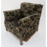 A LATE VICTORIAN HOWARD & SONS LTD MAHOGANY FRAMED UPHOLSTERED ARMCHAIR stamped "101603471