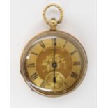 AN 18CT GOLD FOB WATCH with decorative gold coloured dial with black Roman numerals and subsidiary