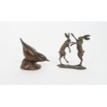 A BRONZE OF BOXING HARES in the style of Paul Jenkins, signed to base, 12cm high together with a