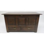 A 18TH CENTURY OAK PANELLED COFFER with hinged top above two drawers, 81cm high x 141cm wide x