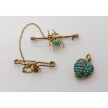 A SPIDER & FLY BROOCH the spider is set with turquoise and pearl and the fly with a ruby and pearls,