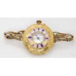 AN 18K GOLD HALF HUNTER WRISTWATCH the decorative pink guilloche enamel chapter ring with blue
