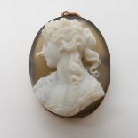 A CRAFTSMAN CARVED AGATE CAMEO OF A MAIDEN mounted as a pendant brooch in yellow metal, dimensions