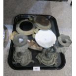 A pair of Verdigris patinated candlesticks, a carved wooden Madonna and child etc Condition Report: