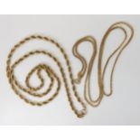 A 10k gold herringbone chain, length 56cm, together with a 10k gold rope chain, length 50cm,