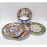 A Masons Ironstone plate, another ironstone plate, two other plates and a a Copeland sugar bowl