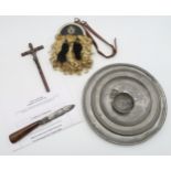 A MEDIEVAL KNIFE 21cm long, Corpus Christi cross, two pewter plates, a child's sporran etc (6)