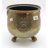 BRASS PLANTER with heraldic roundel on claw feet, 24cm high, Victorian parasol and bamboo walking