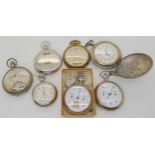 A collection of base metal pedometers, and pocket watches, to include an Arabic example with