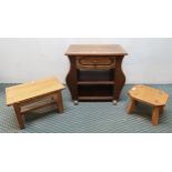 A mixed lot to include an oak single drawer magazine rack, oak spinning chair, two pine stools and