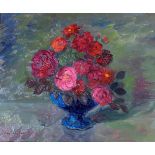 WILLIAM DRUMMOND BONE Mixed roses in a vase, signed, oil on board, 50 x 60cm Condition Report: