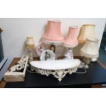 A 20th century painted demi lune wall table and six assorted table lamps (7) Condition Report:
