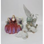 Royal Doulton figure Sweet & Twenty, a Nao model of storks, a Nao duck, and another (4) Condition