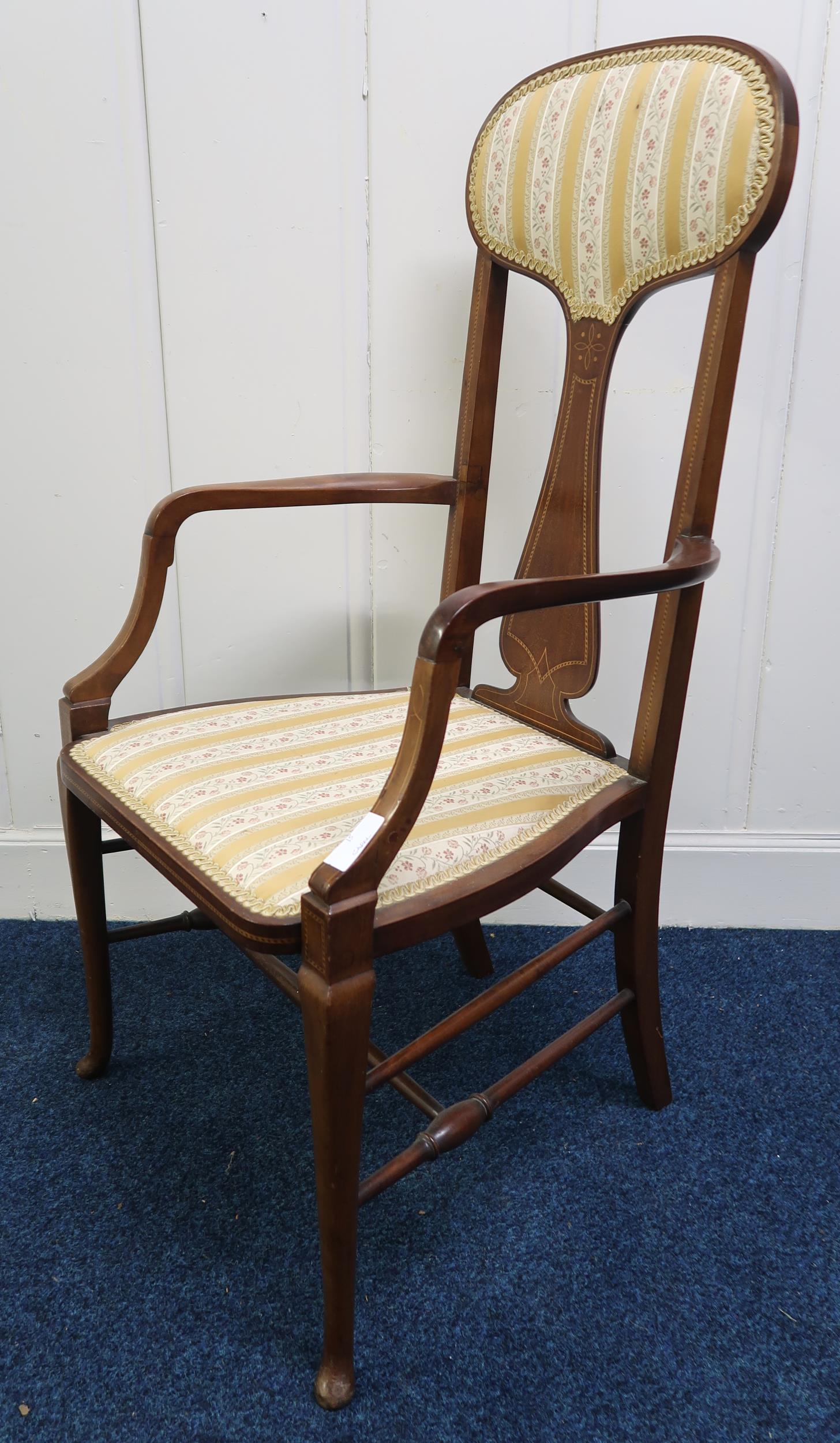 An Edwardian mahogany high back armchair on stretchered cabriole supports, 108cm high Condition - Bild 2 aus 2