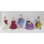 Three Royal Doulton figures Charlotte, Eventide & Elizabeth, and two Worcester figures Grandmother's