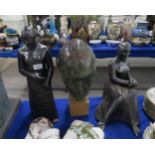 Two pottery sculptures of women with metallic glaze and a bust of a girls head Condition Report: