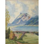 E MOESSNER Alpine lakeland village, signed, oil on canvas, dated, (19)41, 63 x 49cm Condition