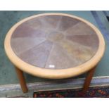 A mid 20th century Danish "Haslev" tile topped teak circular coffee table, 50cm high x 100cm