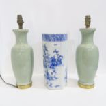 A pair of Celadon glazed vases and a blue and white vase Condition Report:Available upon request