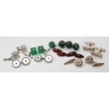 A collection of cufflinks to include silver mounted Scottish agate  examples, malachite etc