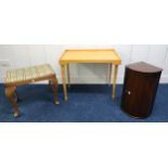A 20th century Silverdale table-tray, upholstered stool and a single door corner cabinet (3)
