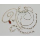 A collection of silver and white metal jewellery to include, a heavy curb chain necklace, length