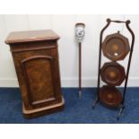 A Victorian walnut single door bedside cabinet, three tier folding cake stand and a shooting