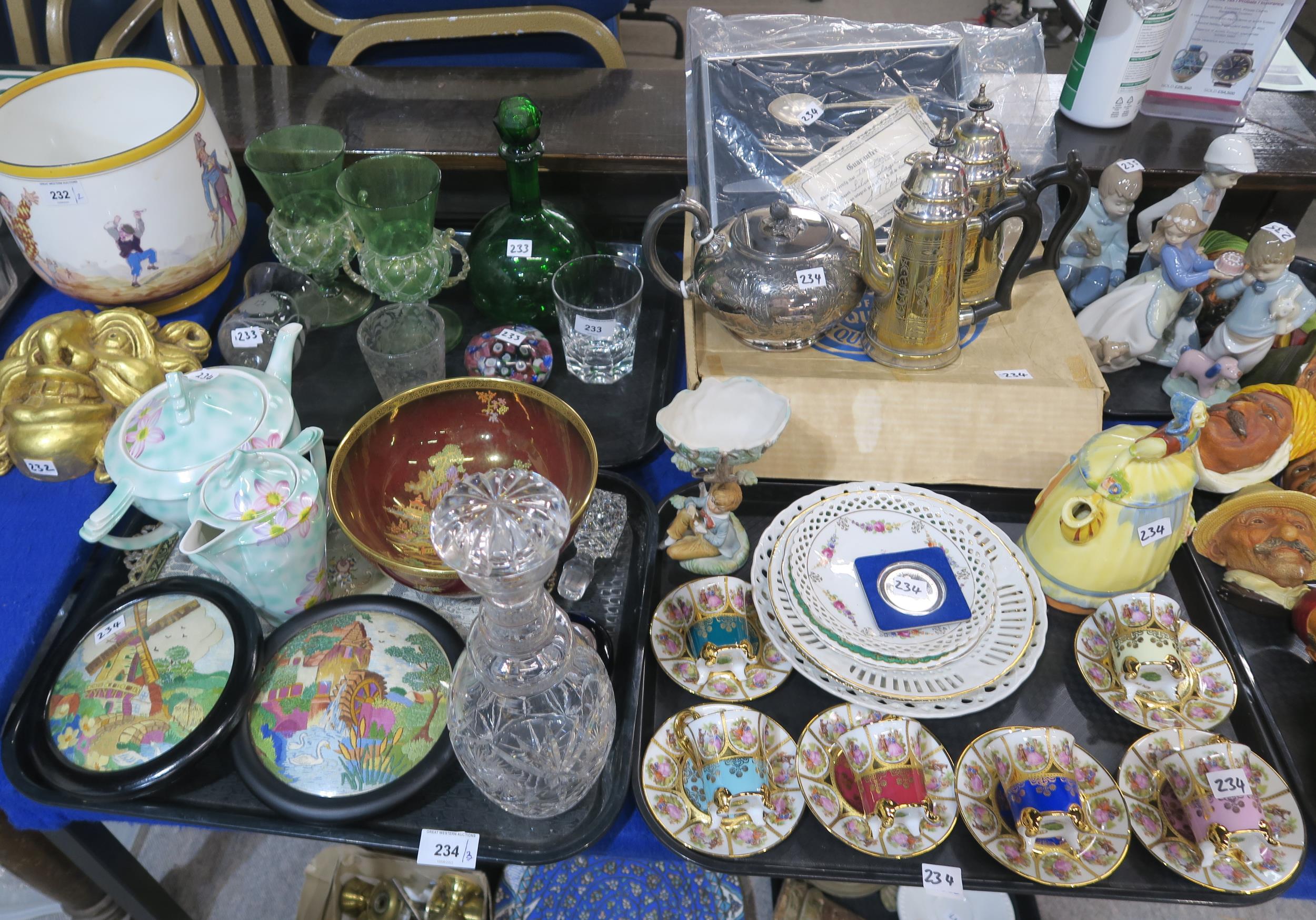 A Czechoslovakian teapot, stand and hot water jug, demitasse coffee cups and saucers, RMS Queen