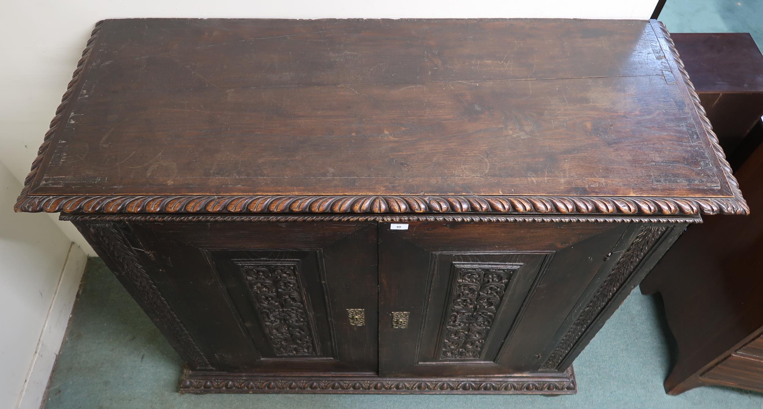 A Victorian stained oak two door cabinet, 133cm high x 148cm wide x 58cm deep Condition Report: - Bild 2 aus 3