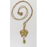A 15ct gold peridot and pearl pendant weight 2.2gms, length 4.2cm, together with a 9ct gold rope