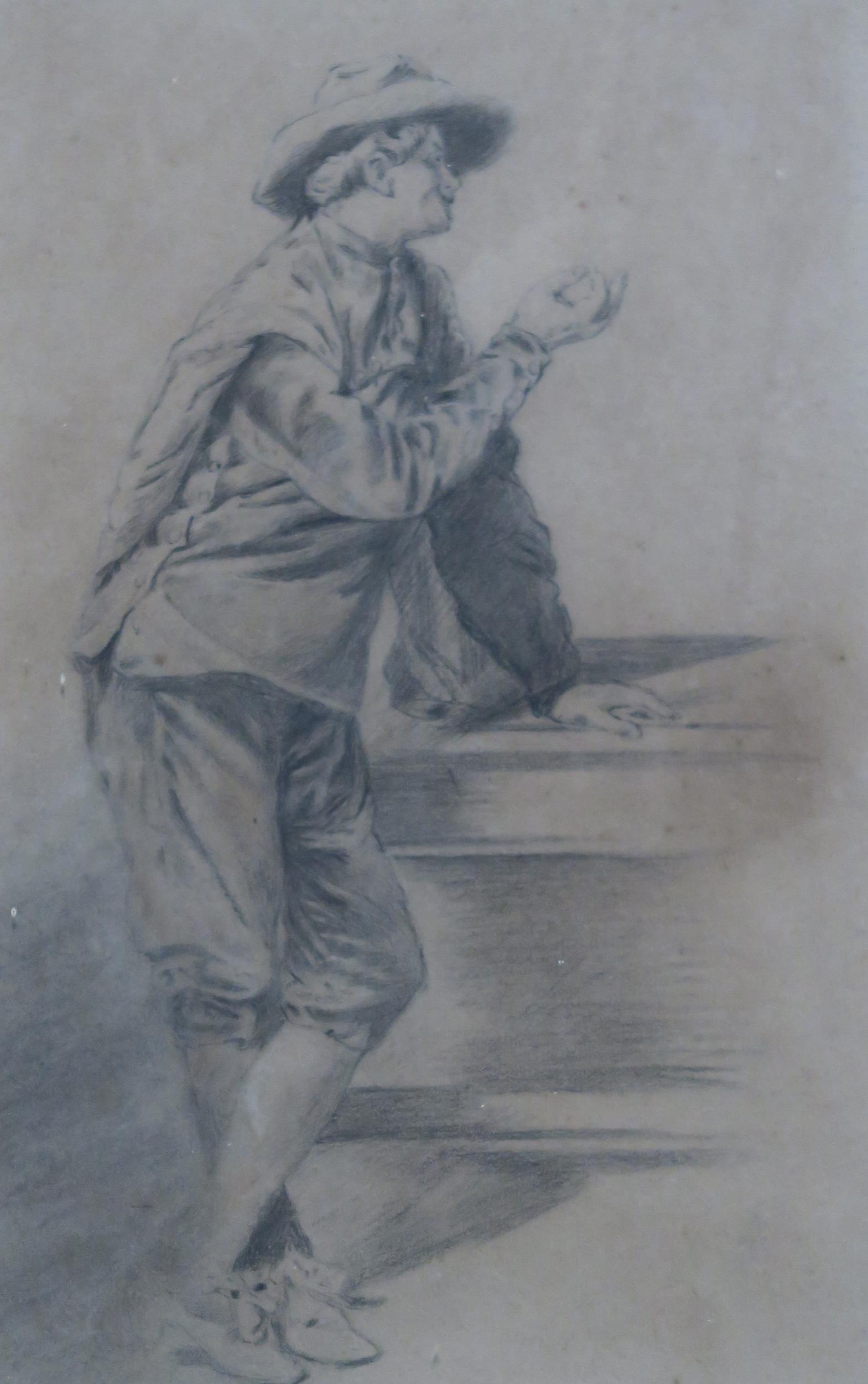 MANNER OF FRANCIS HAYMEN Gentleman resting on a ledge, pencil, 28 x 18cm Condition Report: