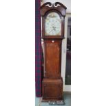 A 19th century oak cased grandfather clock with painted face with two subsidiary dials, 211cm high