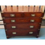 A 20th century stained teak campaign two over three chest of drawers, 80cm high x 92cm wide x 46cm