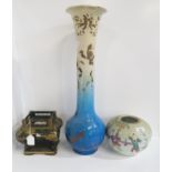 A tall satsuma vase, a lacquered stand and a Canton jar decoarted with figures Condition Report: