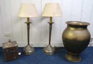 A mixed lot comprising a pair of 20th century copper based lamps, large brass urn and a copper