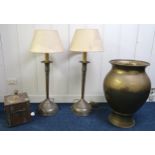 A mixed lot comprising a pair of 20th century copper based lamps, large brass urn and a copper