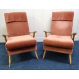 A pair of mid 20th century open armchairs upholstered in pink velour (2) Condition Report: