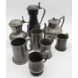 A QUANTITY OF PEWTER comprising; tappit hen, tankard, teapot, bowls, casters Condition Report: