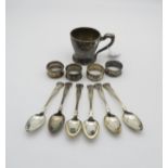 A collection of silver including a set of six William IV silver tea spoons, with shell terminals, by